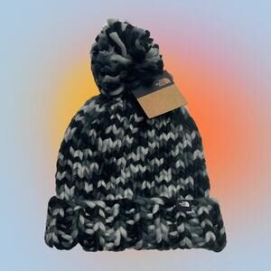 THE NORTH FACE Women’s Black Gray Knit Pom Pom Winter Beanie Hat